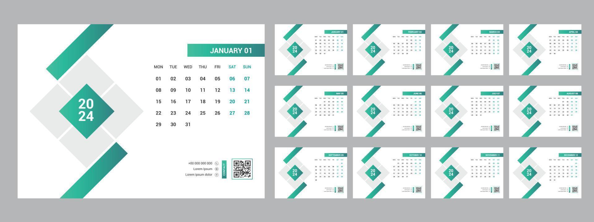 2024 calendar planner set for template corporate design week start on Sunday. vector