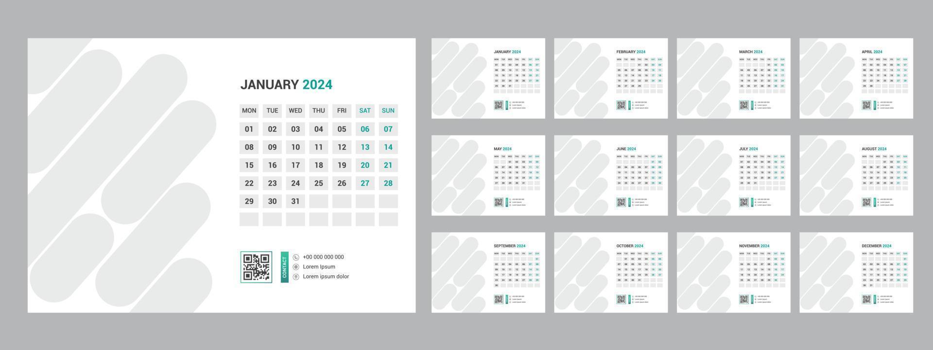 2024 calendar planner set for template corporate design week start on Sunday. vector