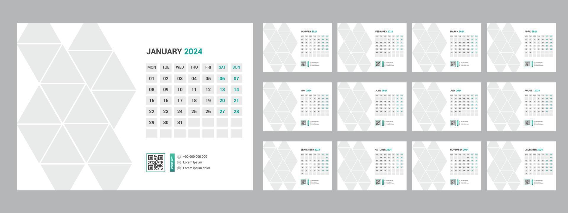 2024 calendar planner set for template corporate design week start on Sunday. vector