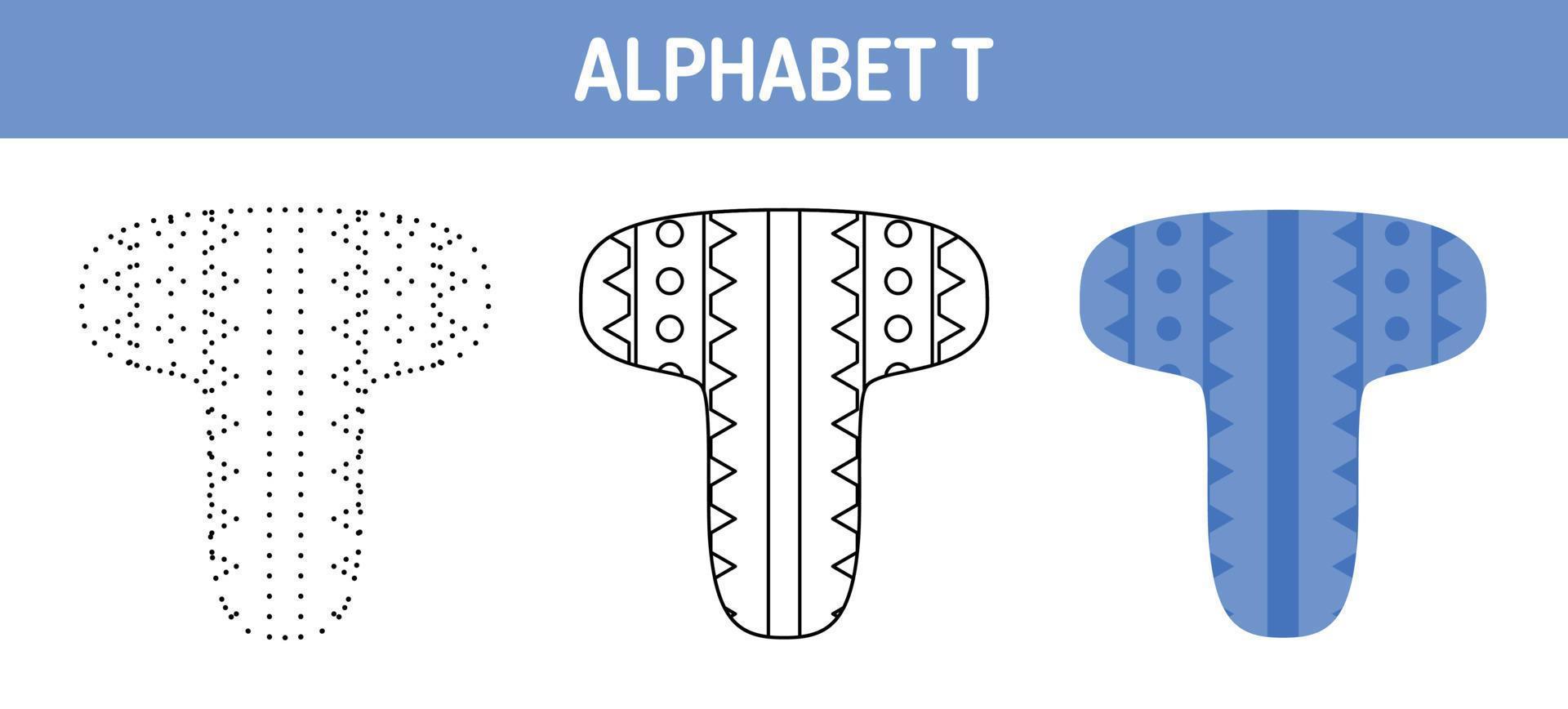 hoja de trabajo para colorear y trazar el alfabeto t para niños vector