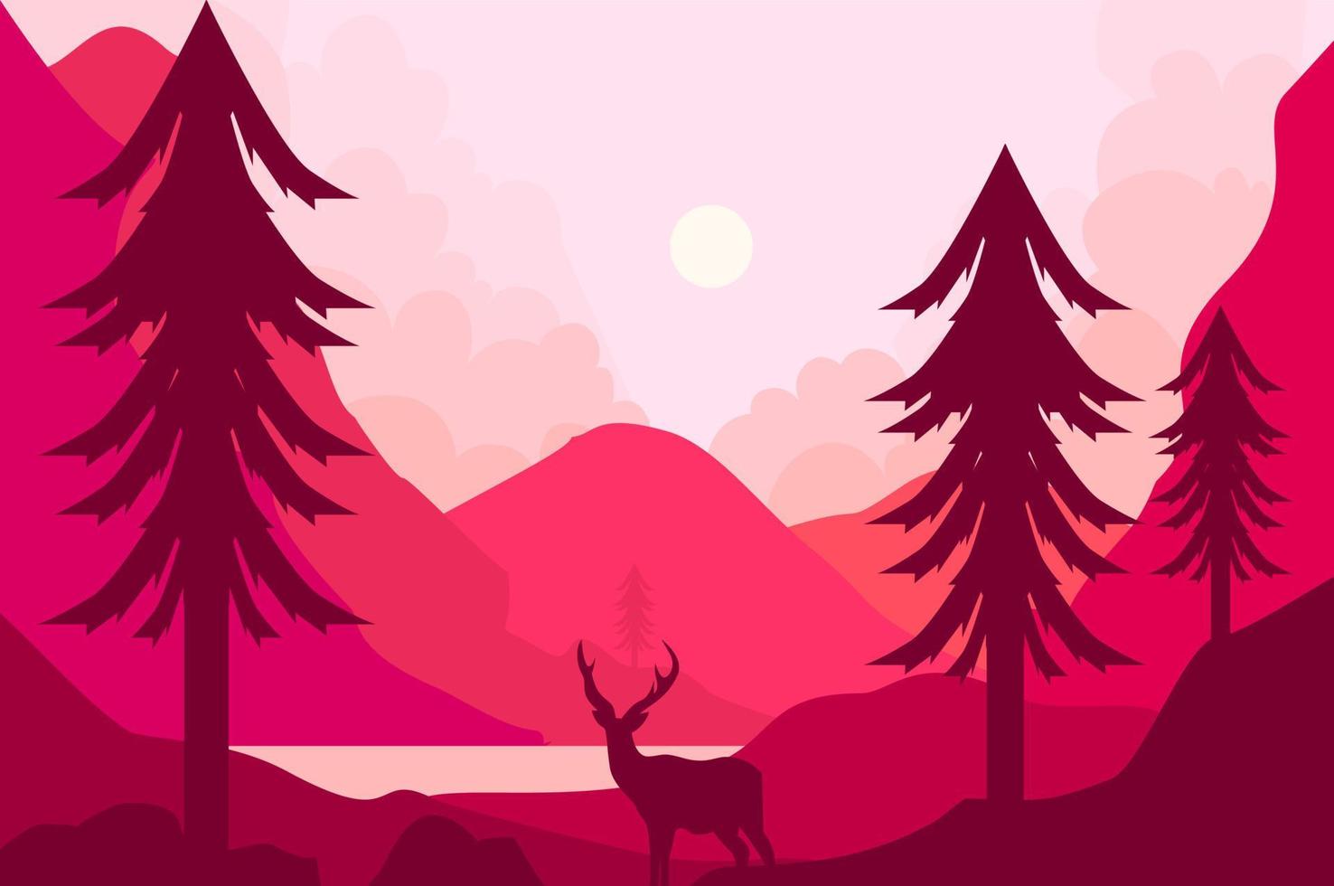 A deer in a forest with mountains and a lake.landscape illustration vector