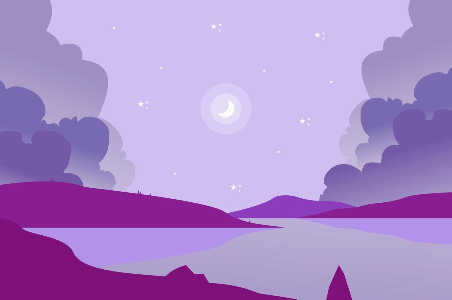 un púrpura paisaje con un río y un Luna en el horizonte. vector