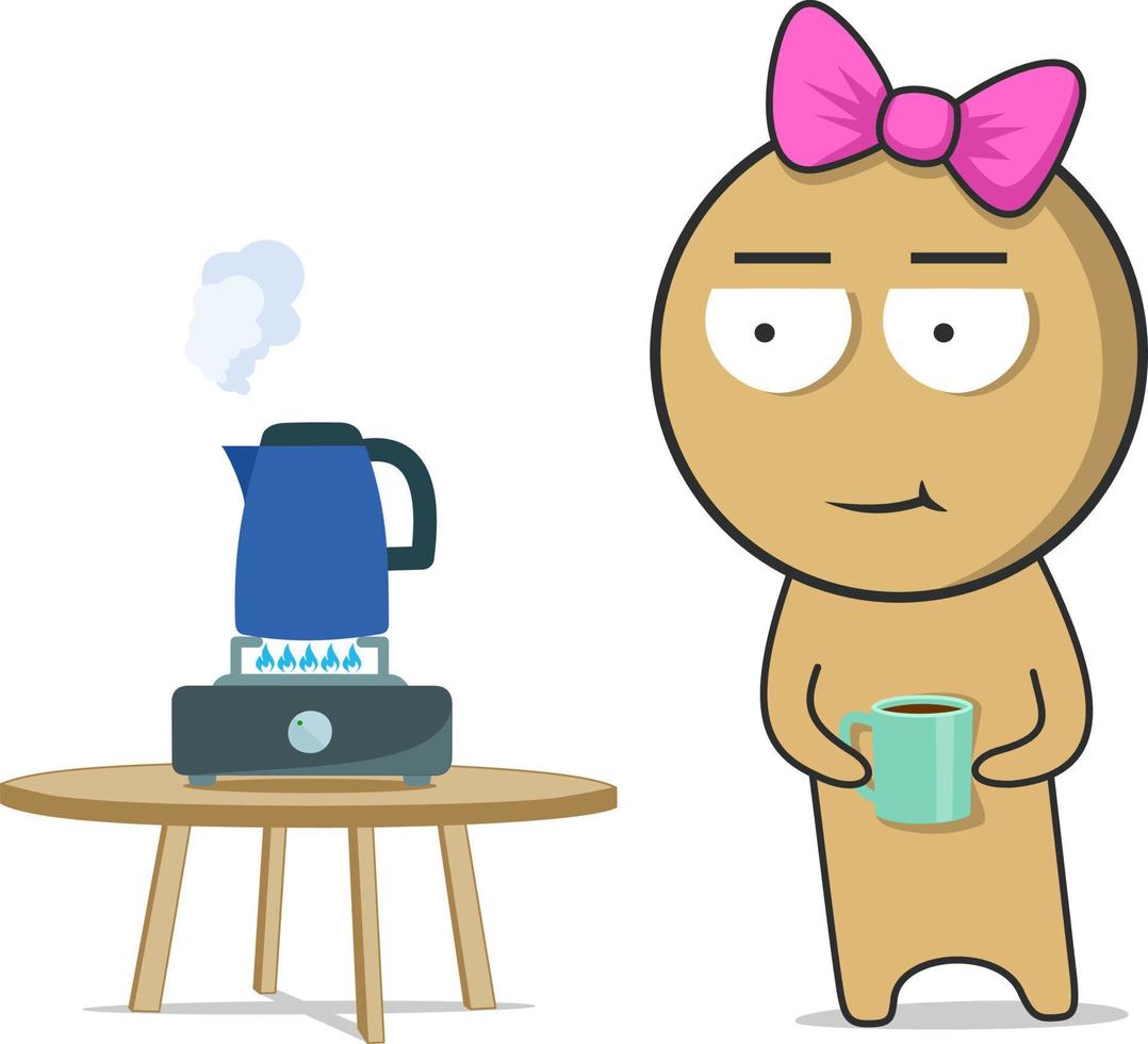 un niña soportes con un jarra de té en su manos en el cocina siguiente a el tetera vector