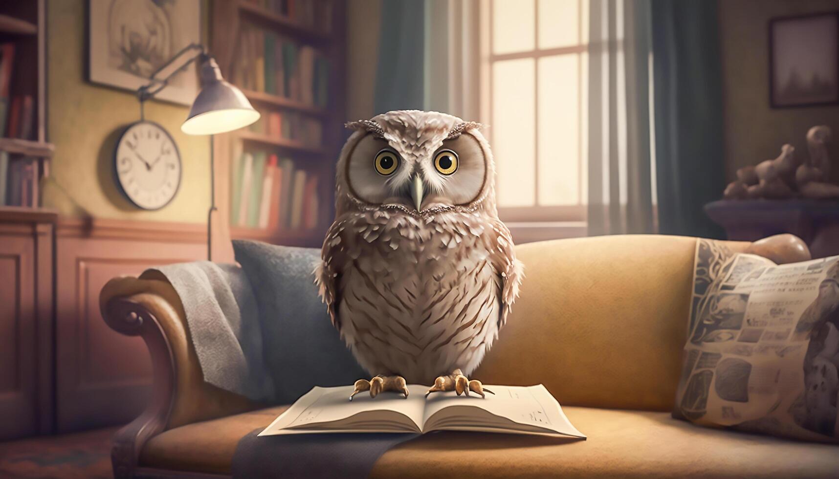 owl reading book on sofa, wisdom and knowledge concept, photo