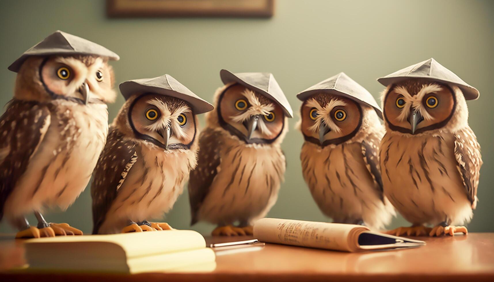 group owls reading book in class, wisdom and knowledge concept, photo