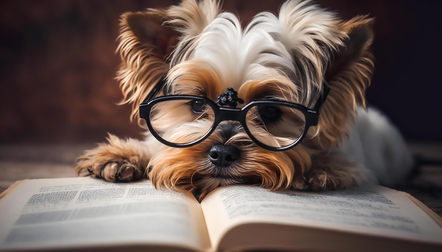 dog wearing glasses reading book with a light shining, photo