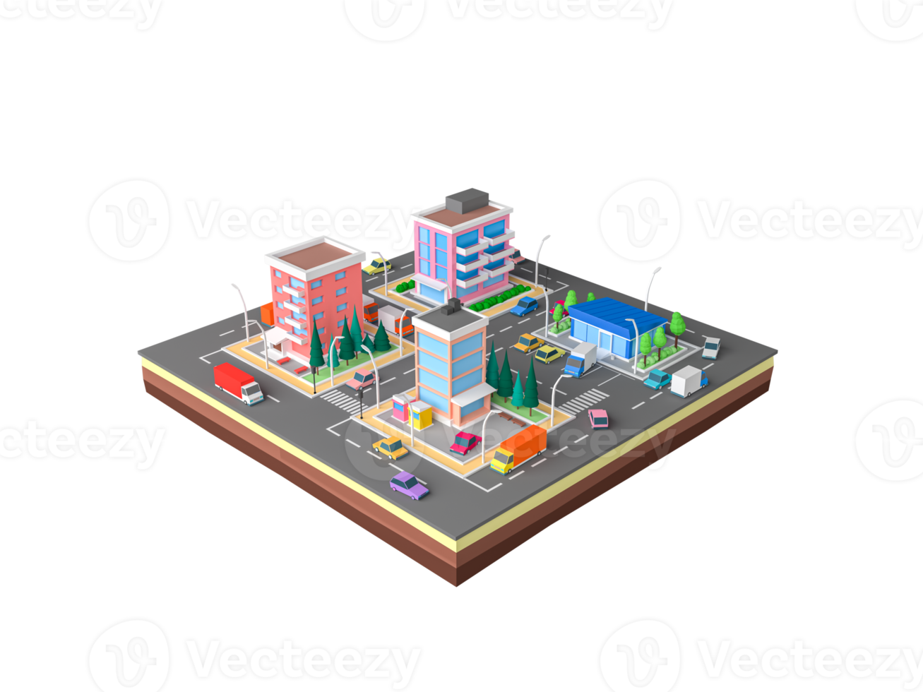 Isometric cartoon low poly city landscape, 3d rendering png