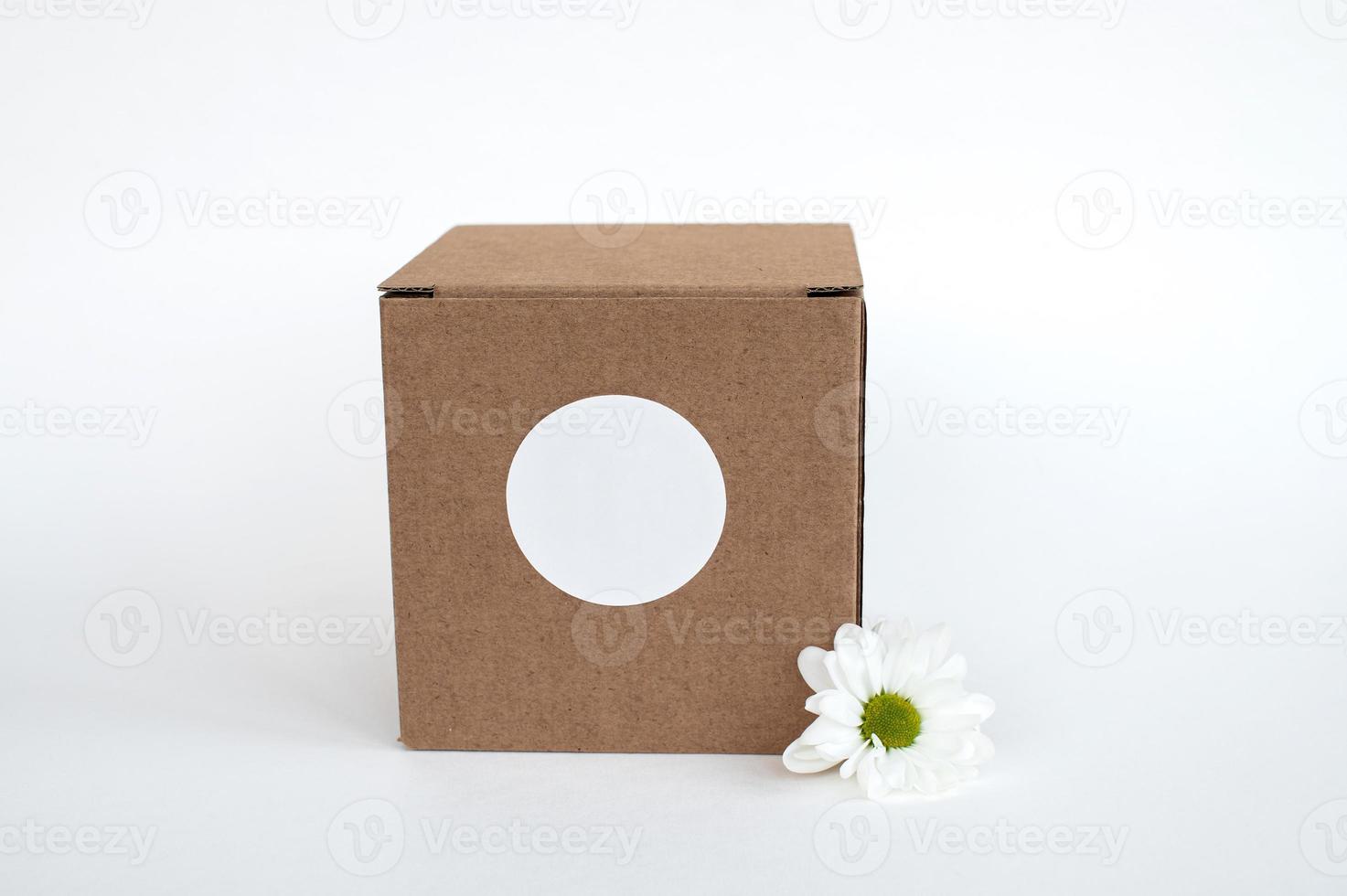 Round sticker mockup on gift box, tech box and blank sticker, adhesive label, thank you tag. photo