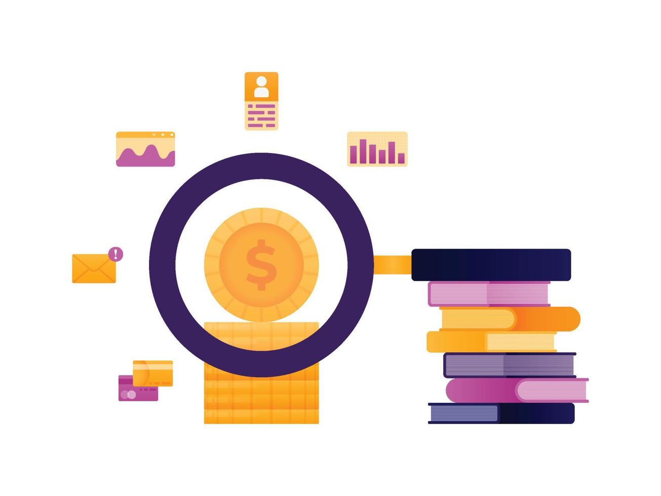 illustration of looking for scholarship support to pay tuition fees with loans or debt illustrated with pile of coins and magnifying glass vector