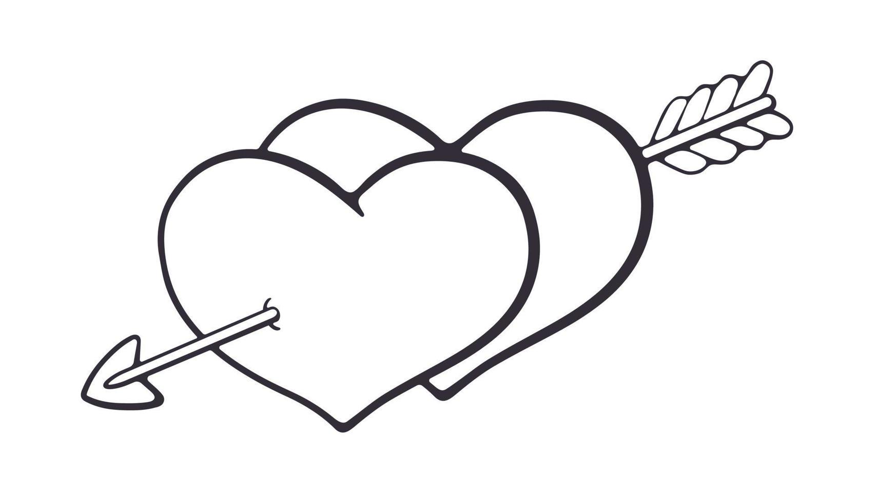 Outline doodle of two hearts pierced arrow vector