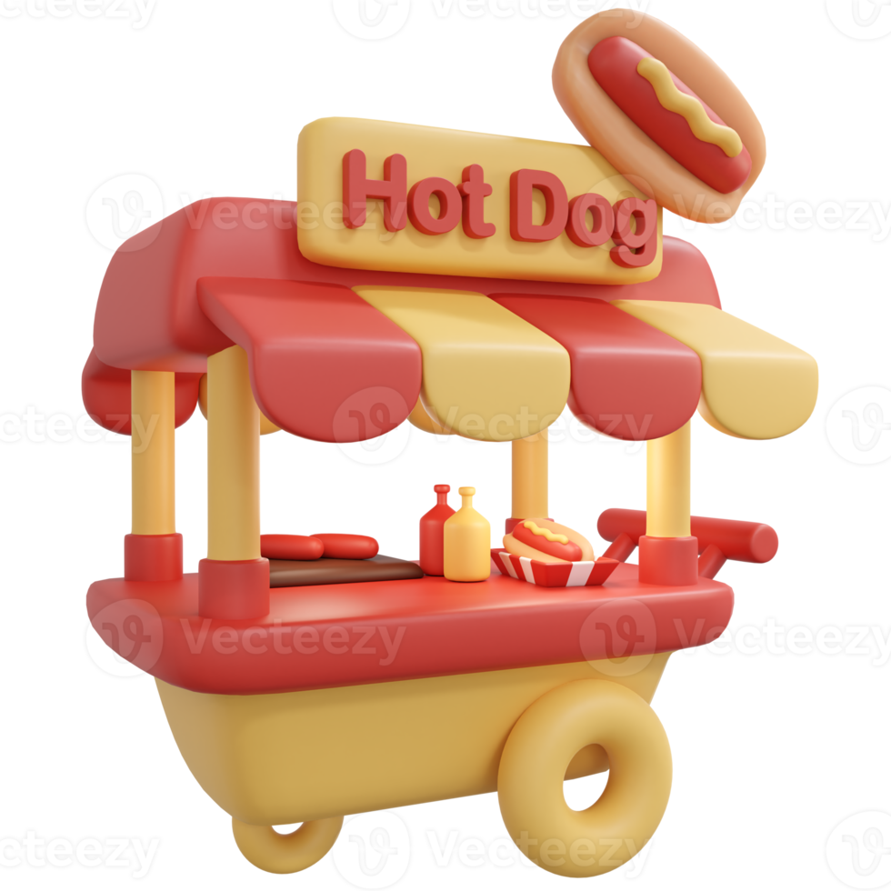 3D Rendering food shop hot dog vendor street food concept cartoon style. 3D Render illustration. png