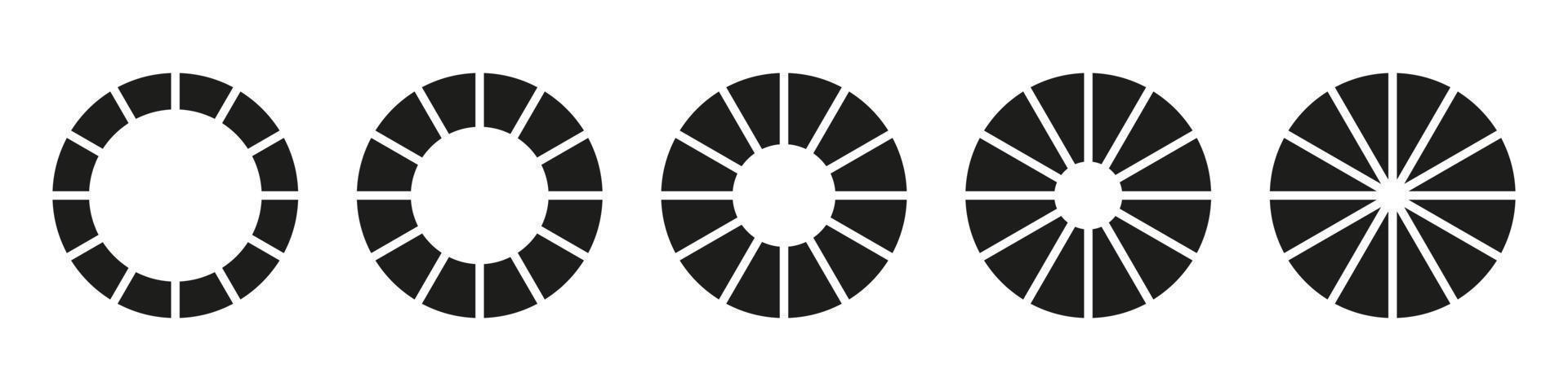 Wheels round divided in twelve sections. Diagrams infographic set. Circle section graph. Pie chart icons. Donut charts or pies segmented on 12 equal parts. Geometric element. Vector illustration.