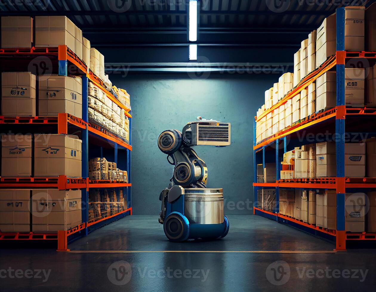 Robot center of logistic storage,robot arm with box working in the material industrial. photo