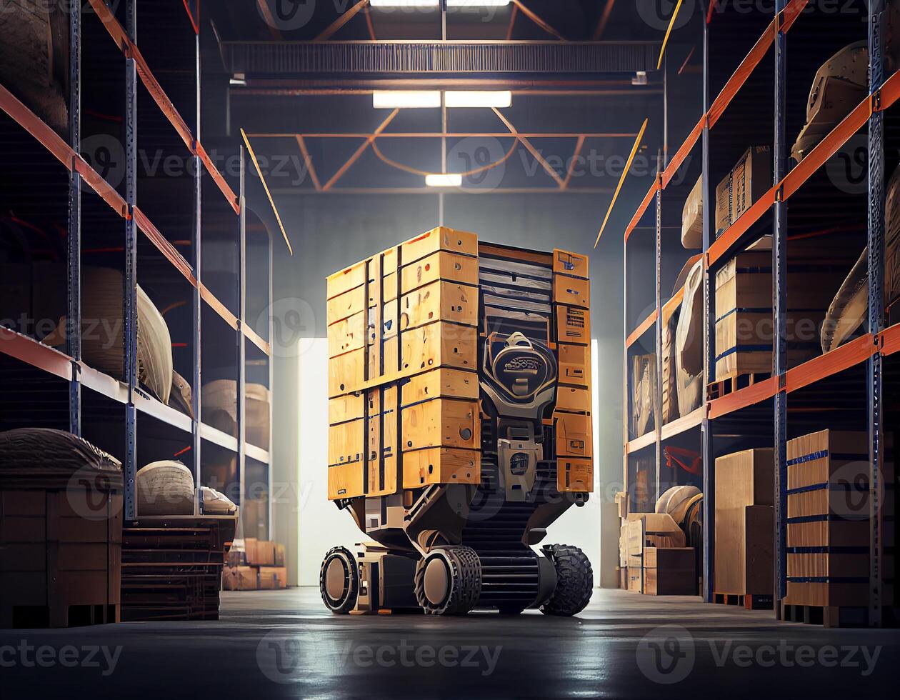 Robot center of logistic storage,robot arm with box working in the material industrial. photo