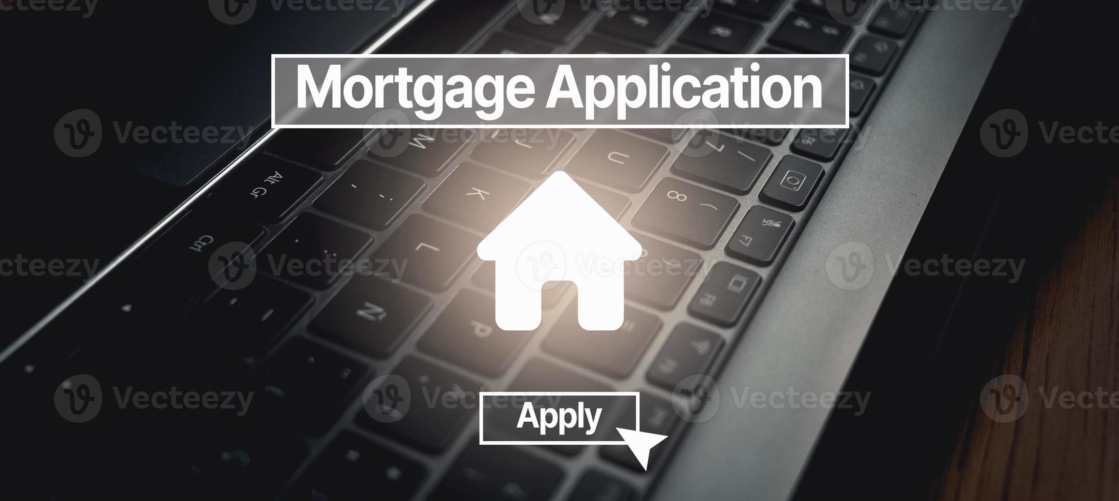 Home mortgage loan concept. Digital interface to Mortgage application with laptop photo as background. Contract for hire purchase and sale a house.