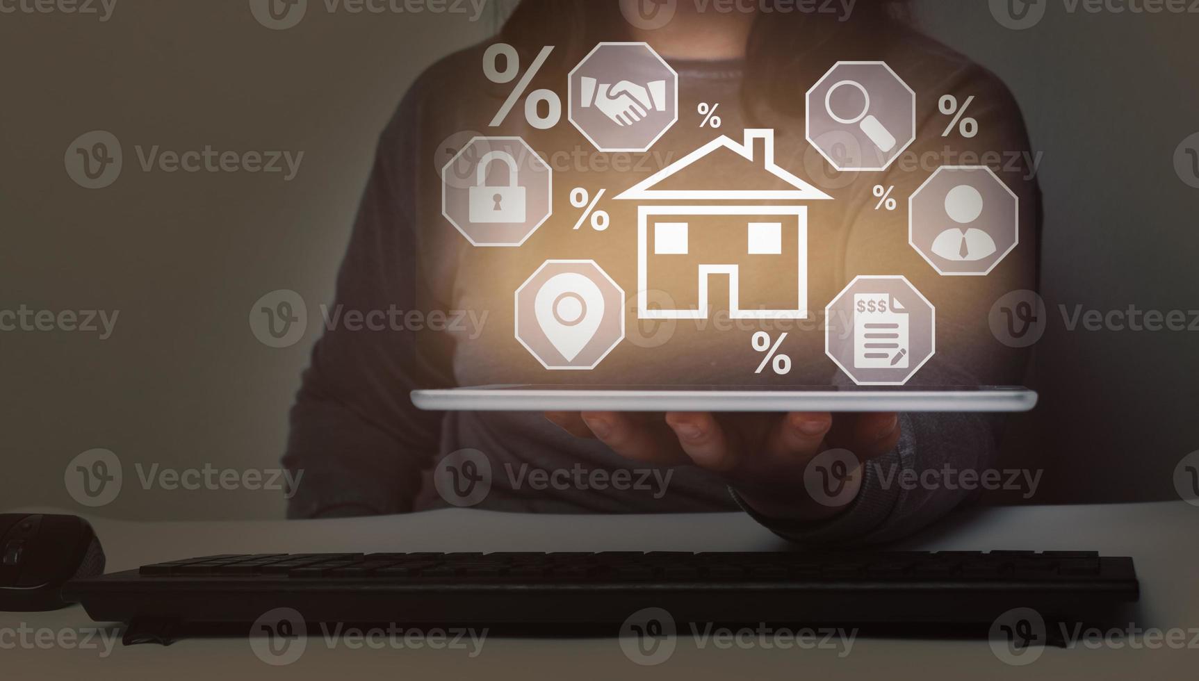 Home mortgage loan concept. Woman showing digital tablet with Mortgage interface. Contract for hire purchase and sale a house. photo