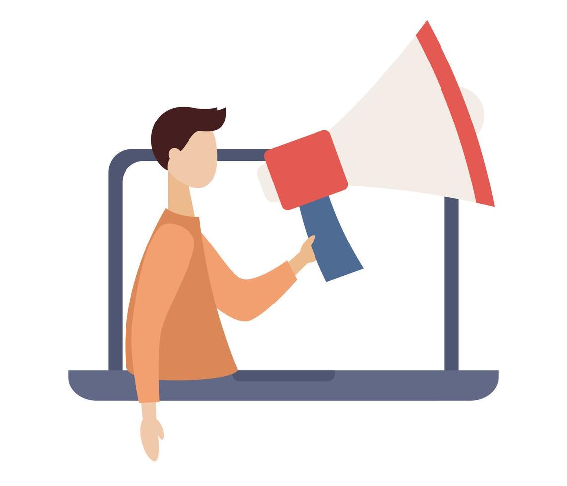 Social media influencer. Blogger with megaphone on laptop screen. Key Opinion Leader. KOL. SMM concept. Vector flat illustration