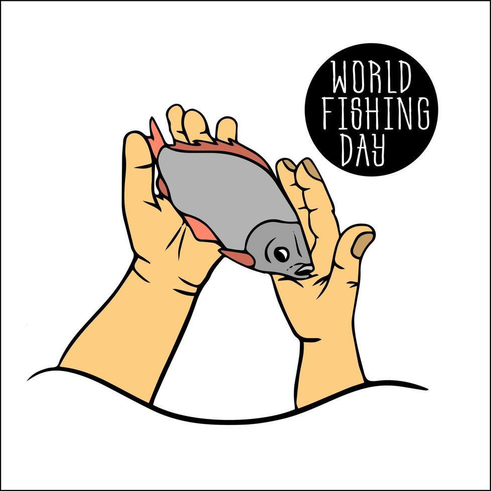fisherman holds in his hands big caught fresh fish. World Fishing Day. man stands with prey of fish. I love fishing. Day of the fisherman. World Wetlands Day. Favorite hobby. vector
