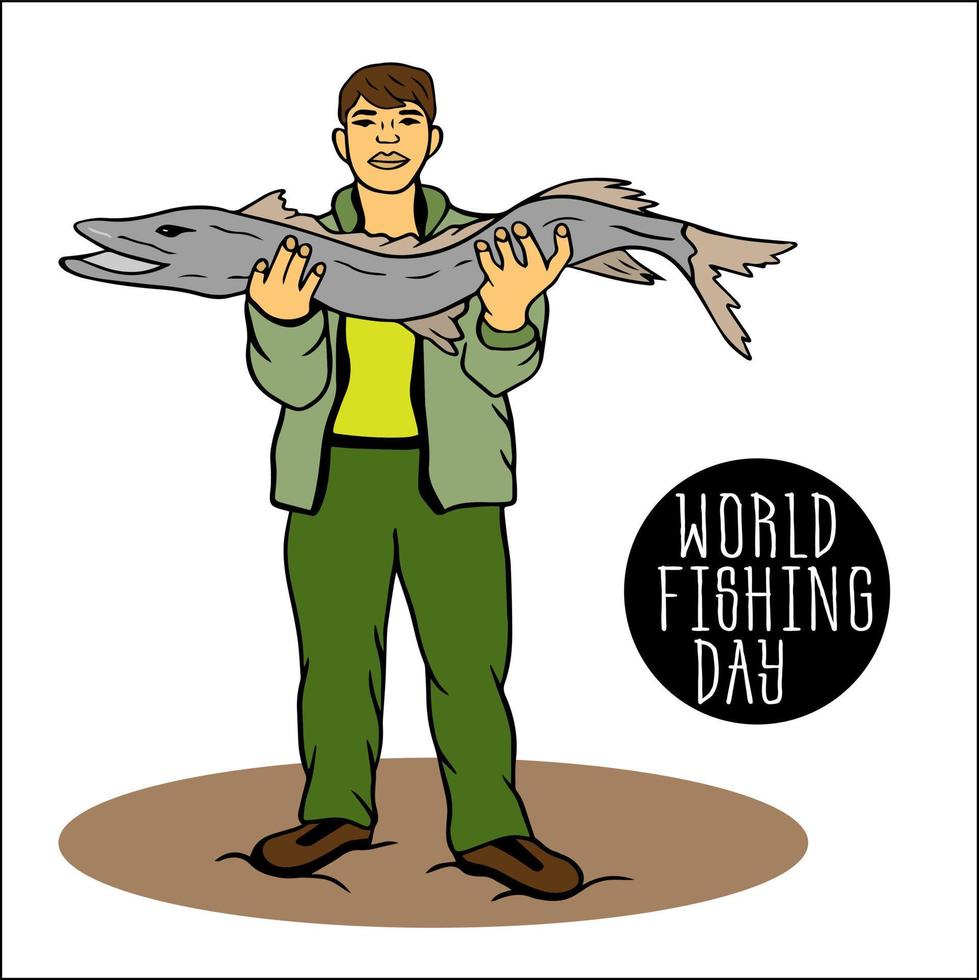 fisherman holds in his hands big caught fresh fish. World Fishing Day. young man stands with prey of fish. I love fishing. Fisher is fishing. Day of the fisherman. Favorite hobby. world wetlands day vector