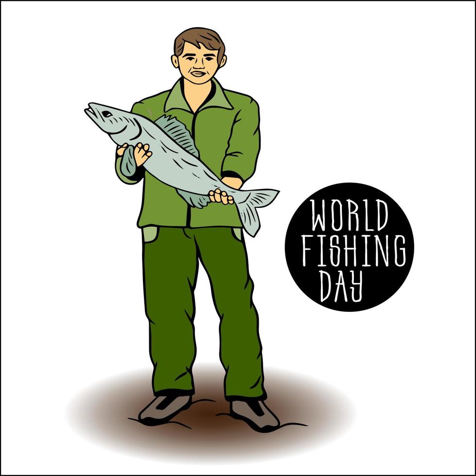 fisherman holds in his hands big caught fresh fish. World Fishing Day. young man stands with prey of fish. I love fishing. Fisher is fishing. Day of the fisherman. School of fish. world wetlands day vector