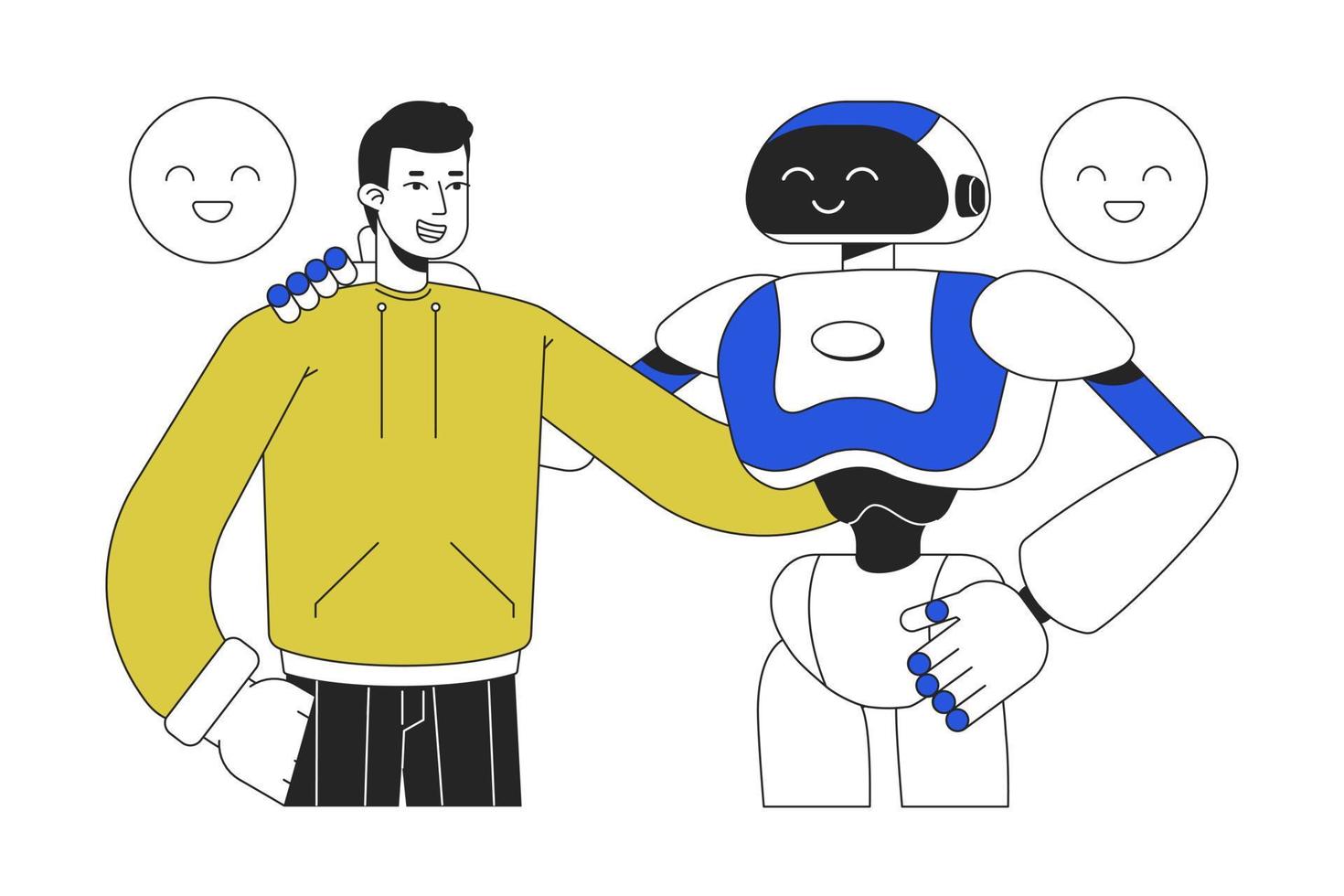 AI in everyday life line concept vector spot illustration. Editable 2D flat colour cartoon characters on white for web design. Virtual assistant creative lineart idea for website, mobile, blog