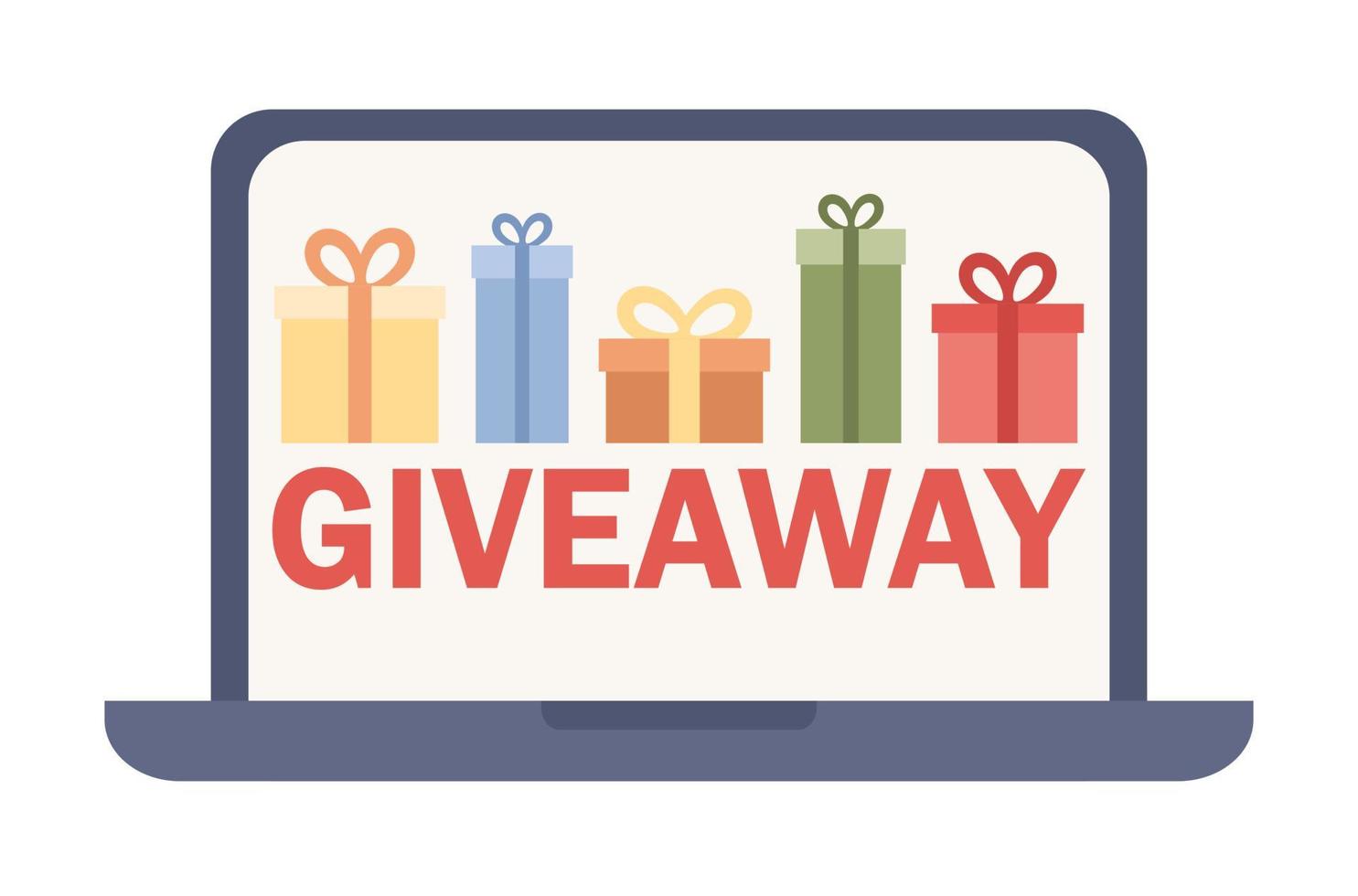 Giveaway text on laptop screen. Gift boxes icon. Social network promo, gift advertisement, surprise package, follower reward for like or repost concept. Vector flat illustration