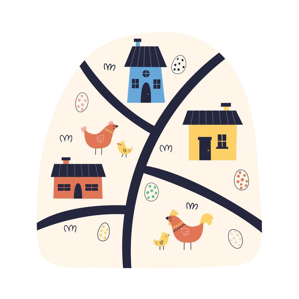 niños dibujos animados mapa Pascua de Resurrección huevo pollo casa vector