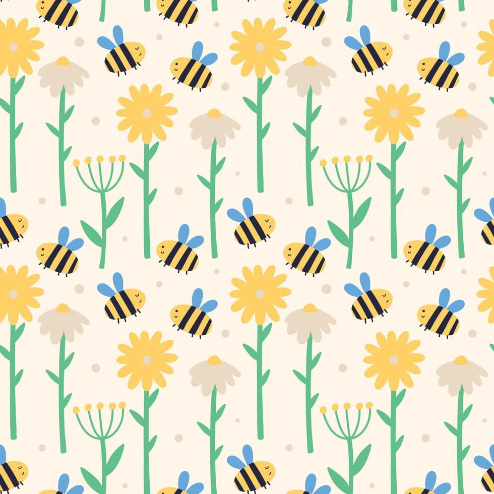 Summer flowers daisies orchids bees pattern vector