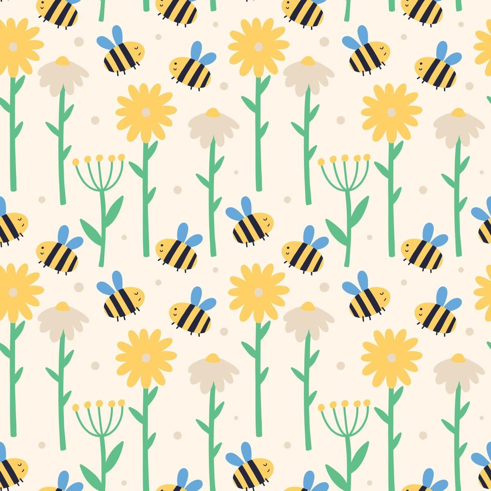 Summer flowers daisies orchids bees pattern vector