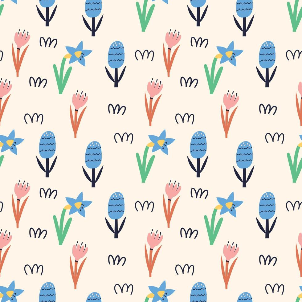 Spring pattern cartoon flower daffodils, crocus, hyacinth vector