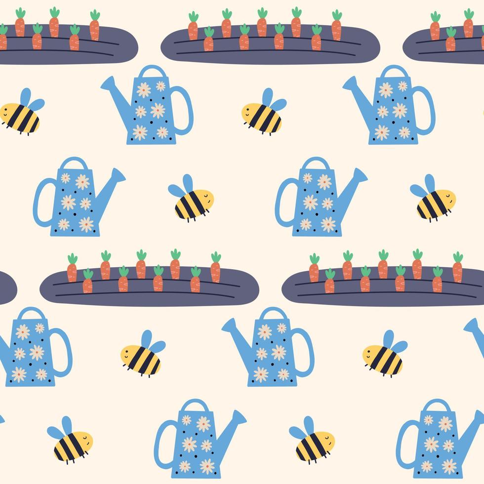 Carrot beds with a watering can bee pattern vector