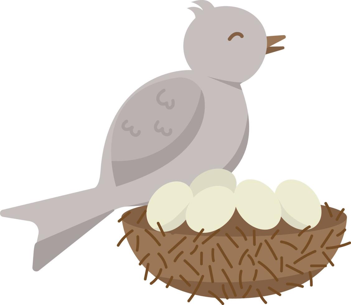Bird with eggs in the nest isolated on transparent background. Vector spring illustration