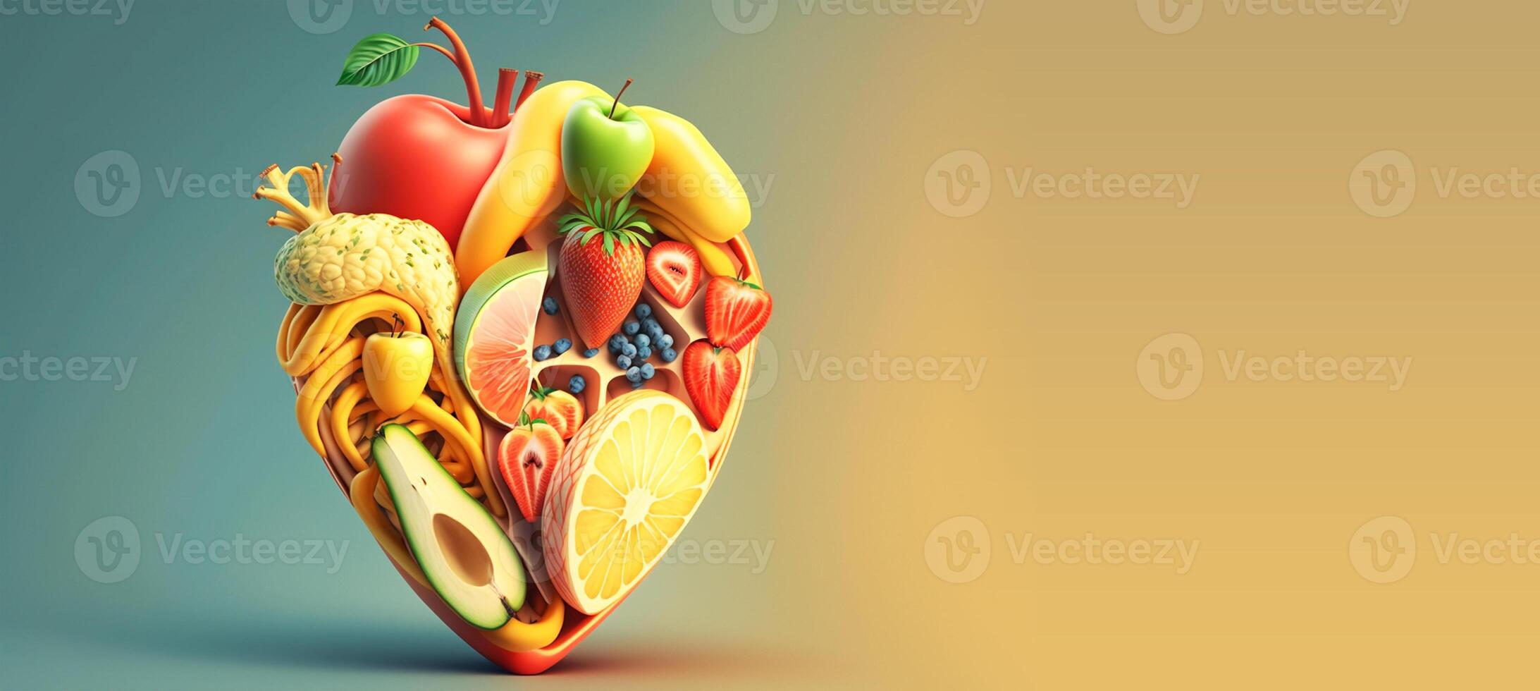 Banner of abstract heartshape fruits and vegetables. Healthy lifestyle. World food day. . photo
