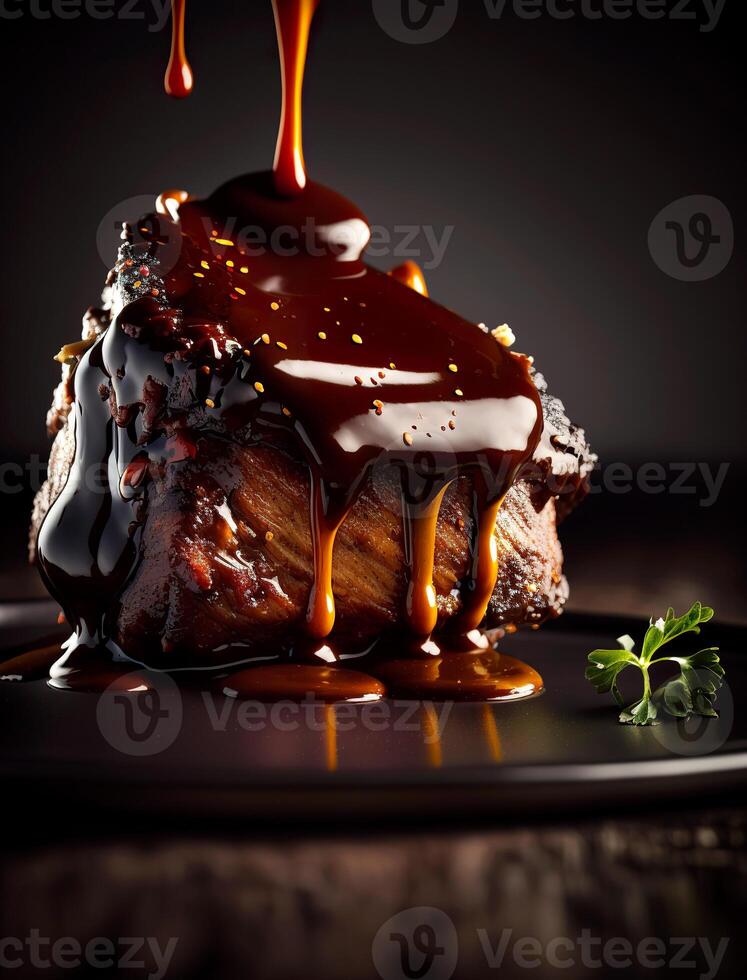 Smoked ribs served with barbecue sauce. . photo