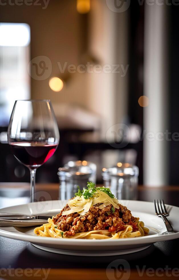 Vertical photo of delicious pasta bolognese with a glass of wine in a restaurant. .