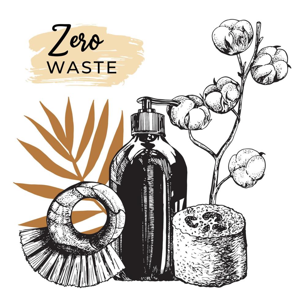 Zero waste bathroom accessories set. recycle soap dispenser, organic soap, wooden brush, loofah, with cotton branch and palm leaf. Reusable eco-friendly hygiene items. Hand drawn sketch vector