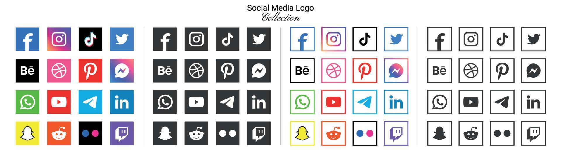 Popular social network logo icons facebook, instagram, youtube, pinterest, tiktok and etc logo icons, social media icon set vector