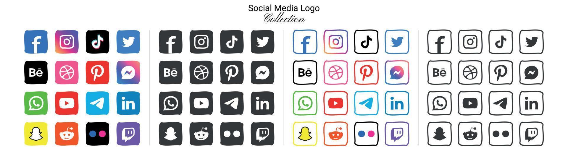 Popular social network logo icons facebook, instagram, youtube, pinterest, tiktok and etc logo icons, social media icon set vector