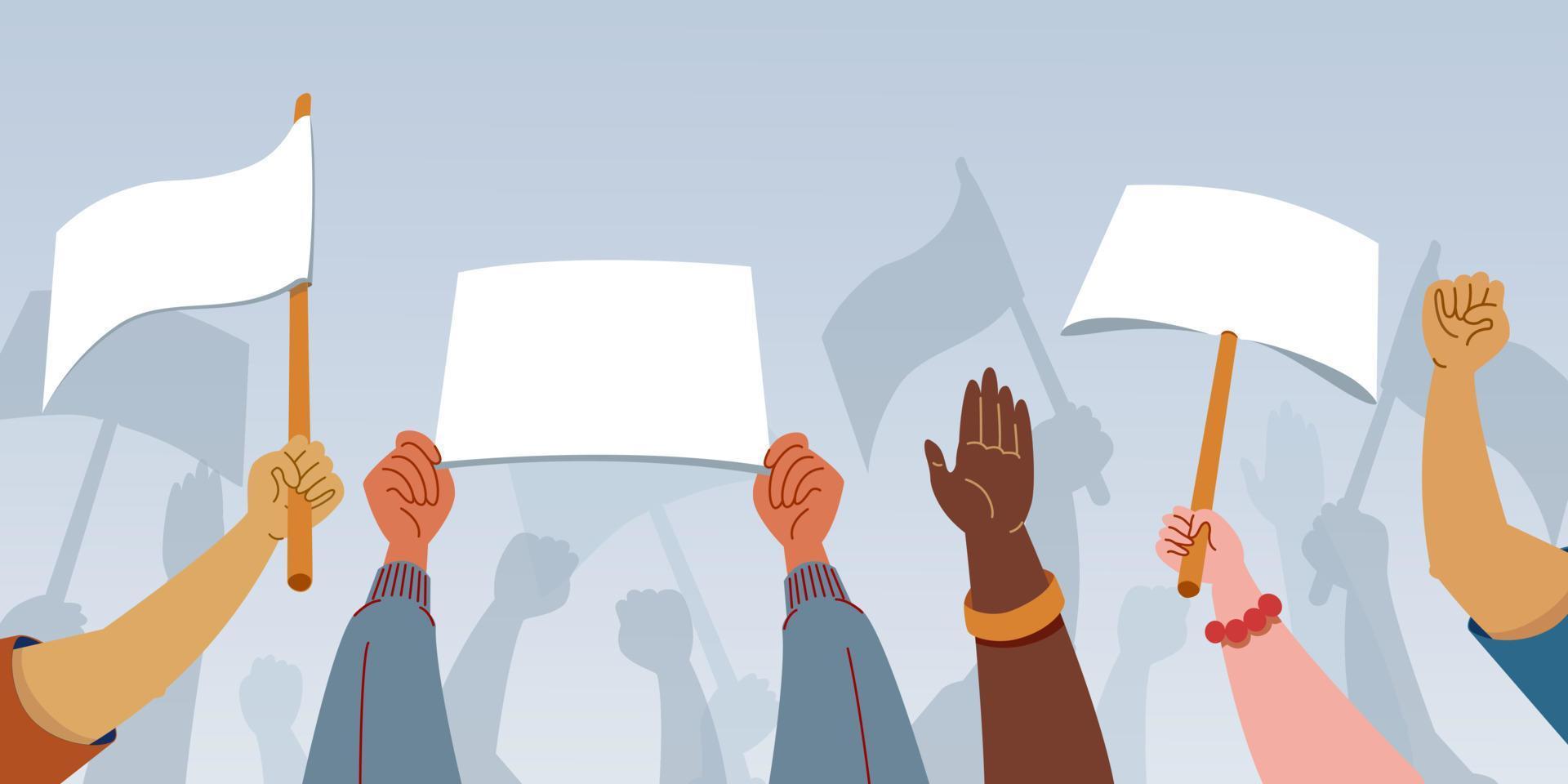 People holding blank signs placards flags and banners set. Flat vector illlusctration. Demonstartion or protest concept.