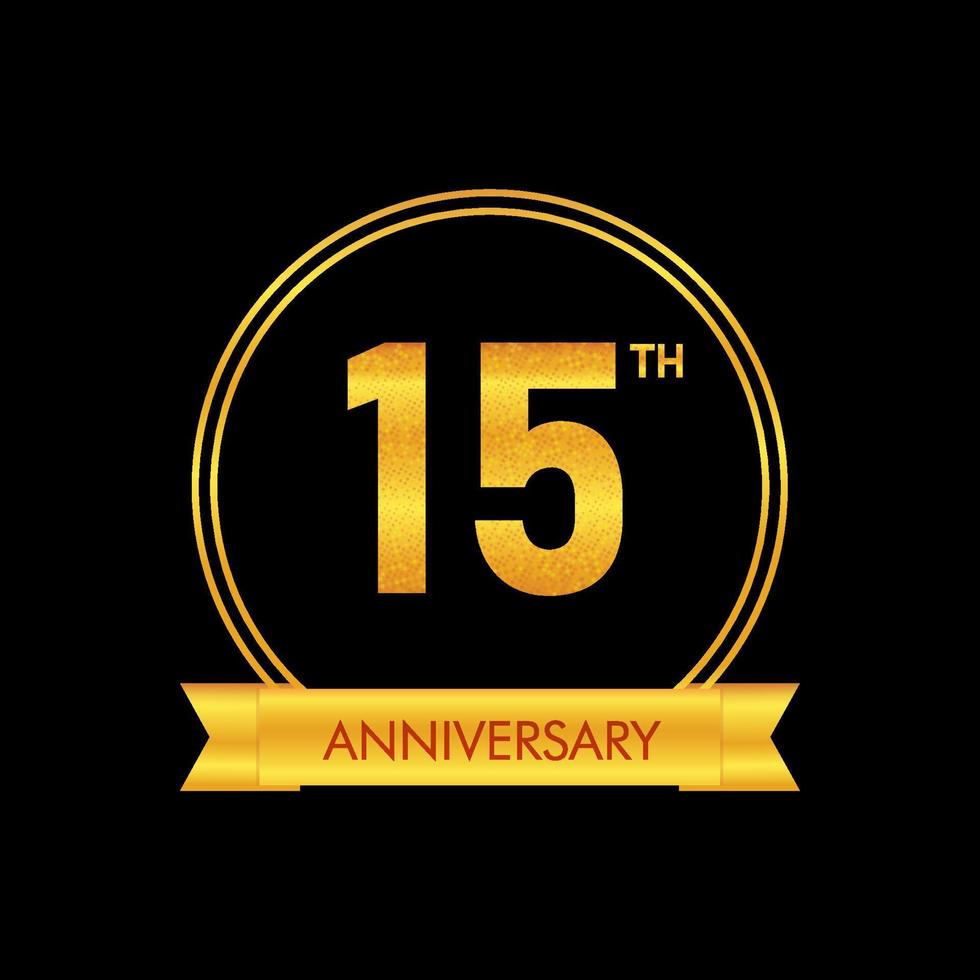 Celebrating 15 years anniversary golden label with ribbon, vector illustration