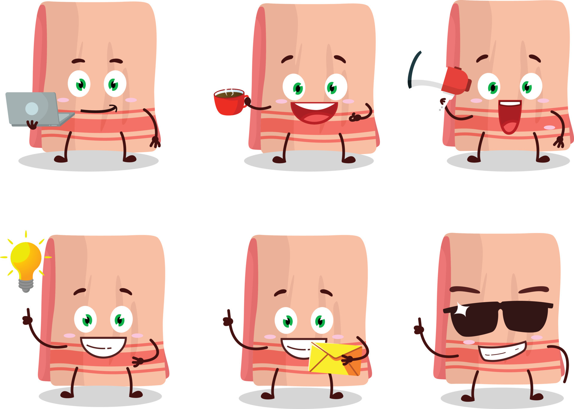 Towel cartoon character with various types of business emoticons