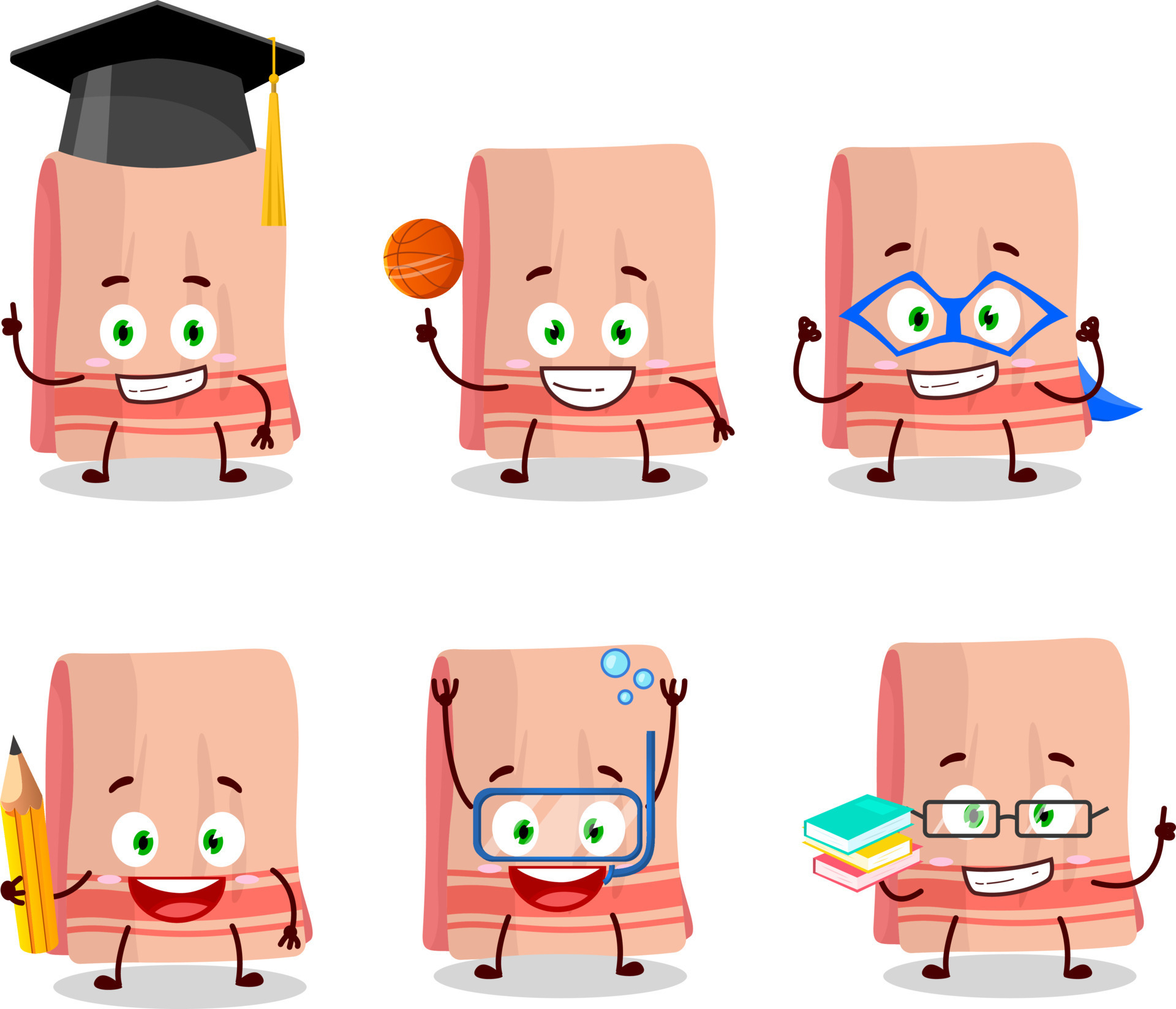 School student of towel cartoon character with various expressions