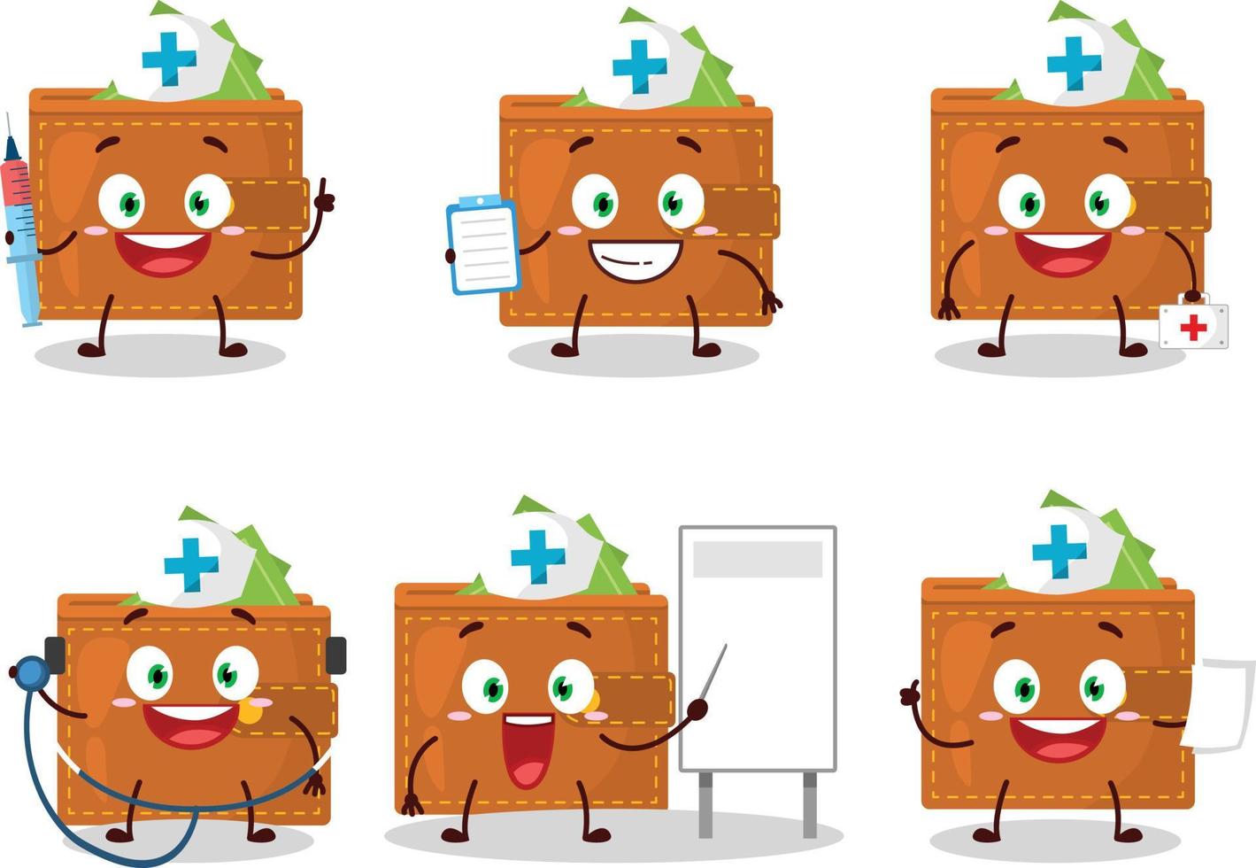 médico profesión emoticon con billetera dibujos animados personaje vector