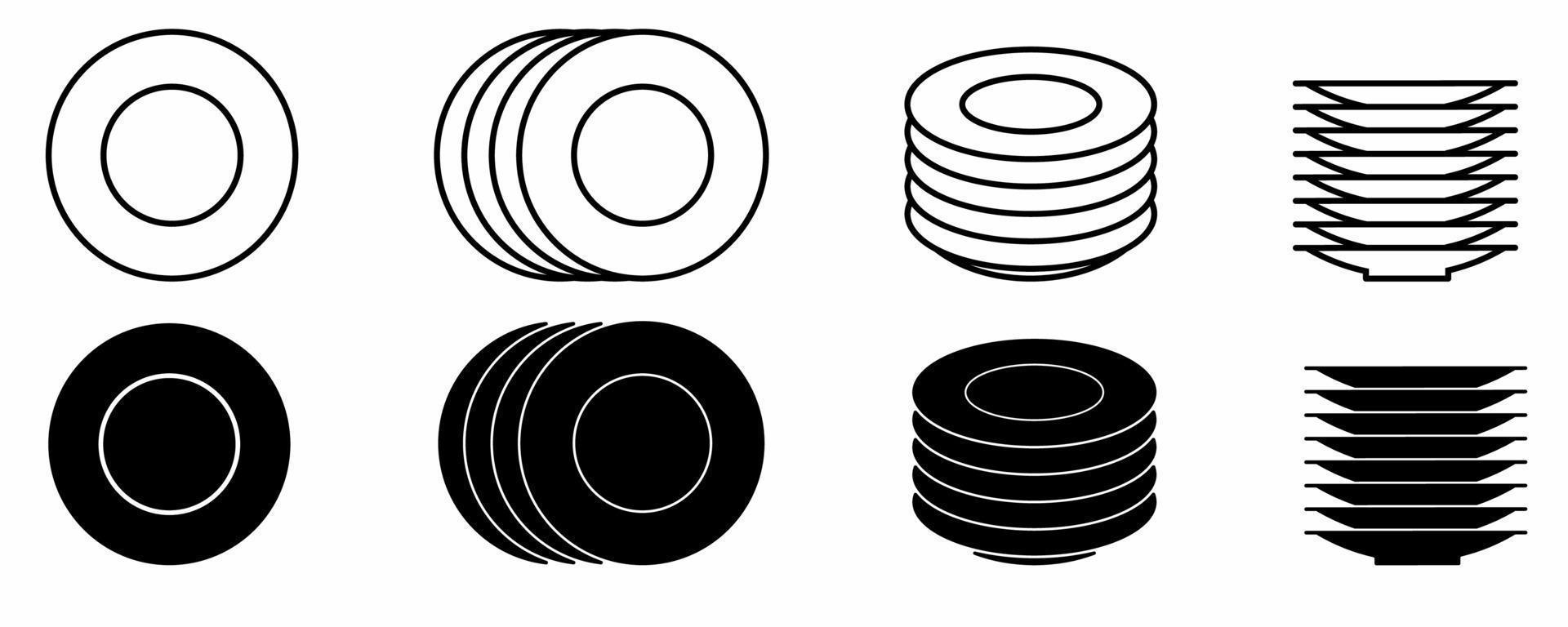 outline silhouette plate icon set isolated on white background.top view and side view plate icon vector