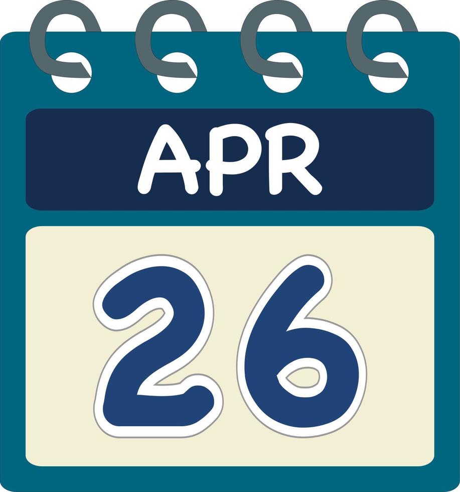 Flat icon calendar 26 of Apr. Date, day and month. Vector illustration . Blue teal green color banner. 26 Apr. 26th of Apr.