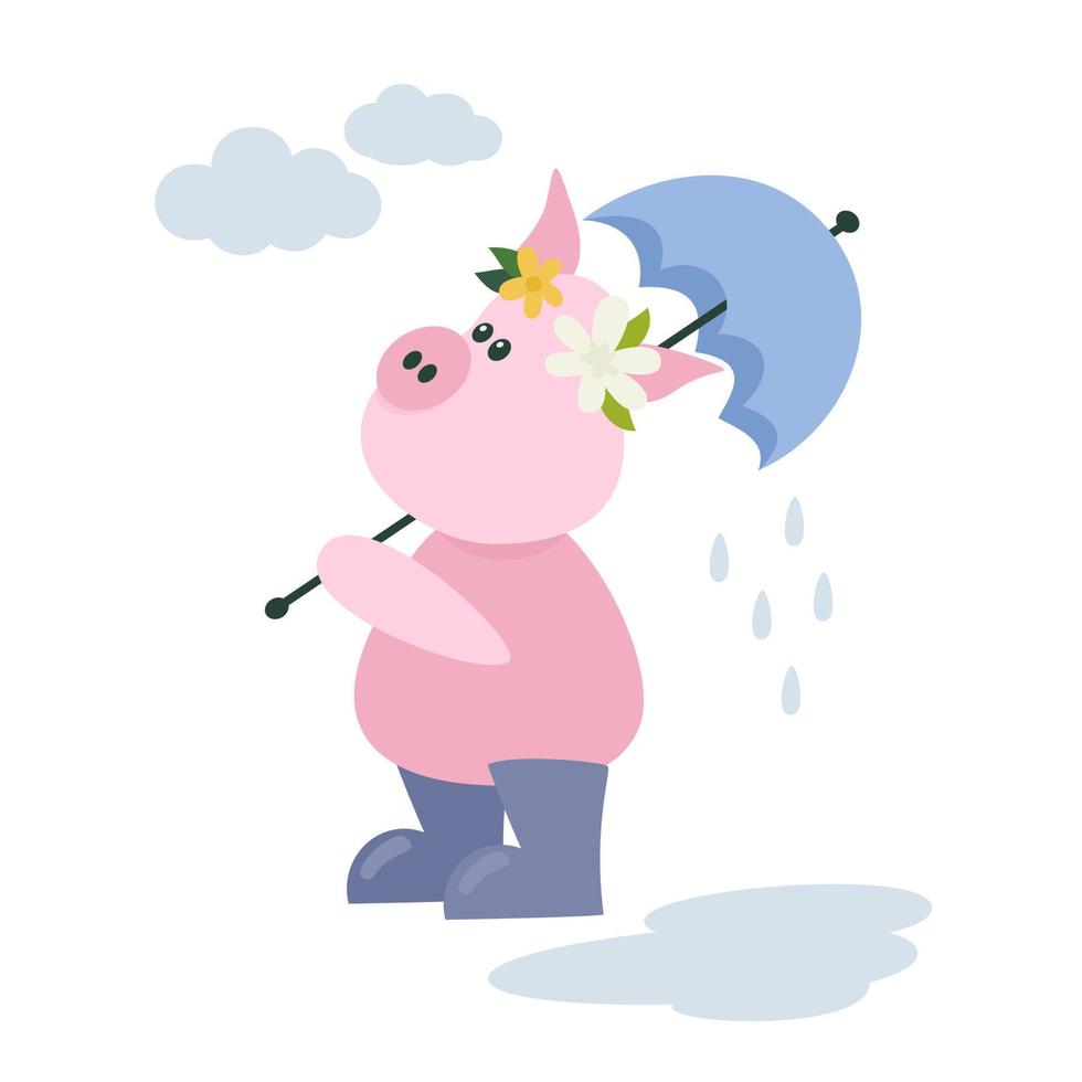 Cute cartoon pig with boots and umbrella in flat style. Spring character standing in the rain. Vector illustration