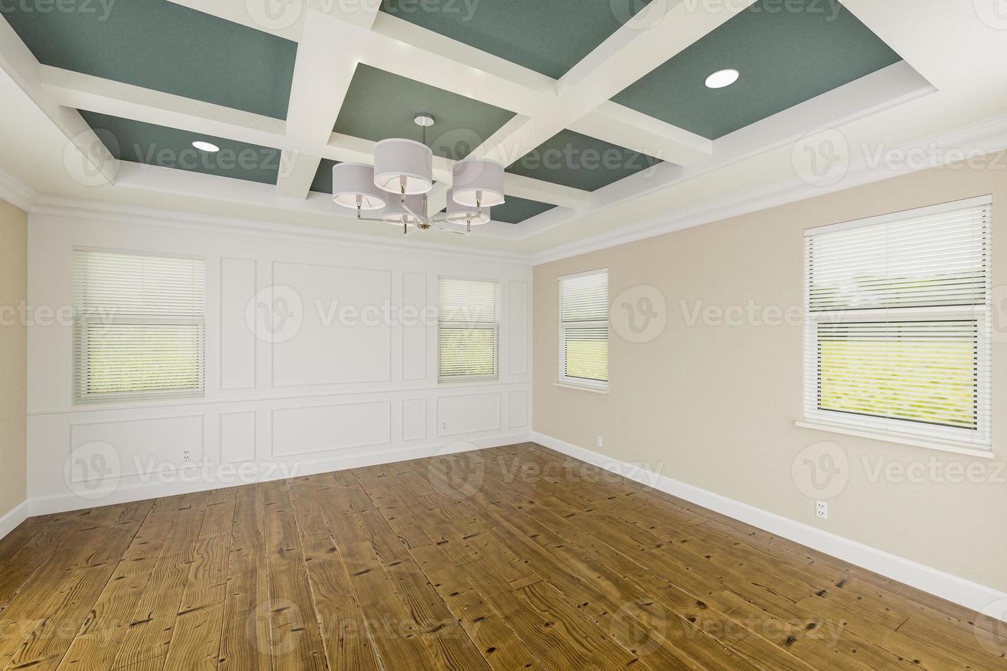 Beautiful Muted Teal and Tan Custom Master Bedroom Complete with Entire Wainscoting Wall, Fresh Paint, Crown and Base Molding, Hard Wood Floors and Coffered Ceiling photo