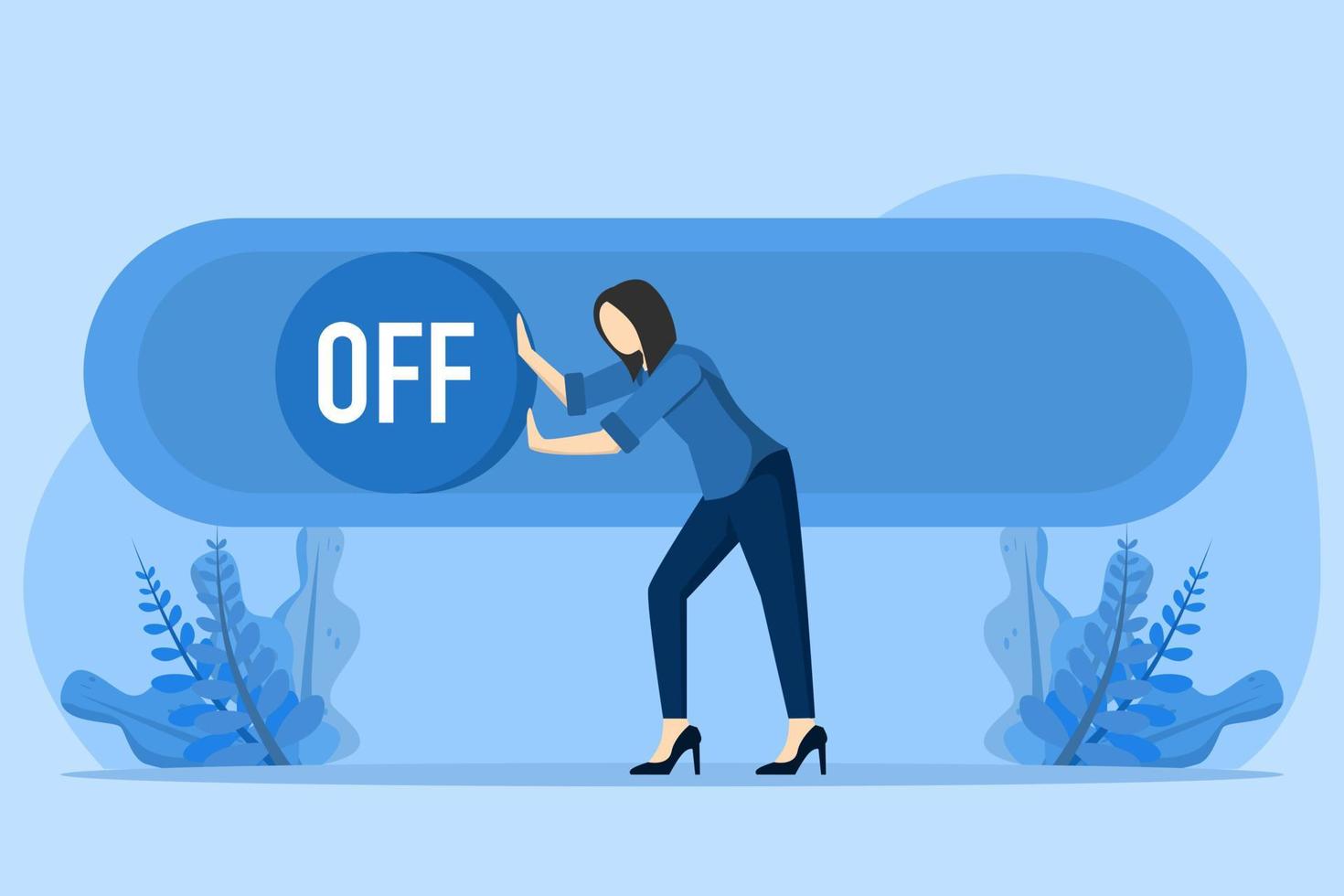 Business closing concept. Businesswoman turning off the switch. Failure in career development, crisis concept. bankruptcy. Closed company in financial crisis. Economy problem. New business risk vector