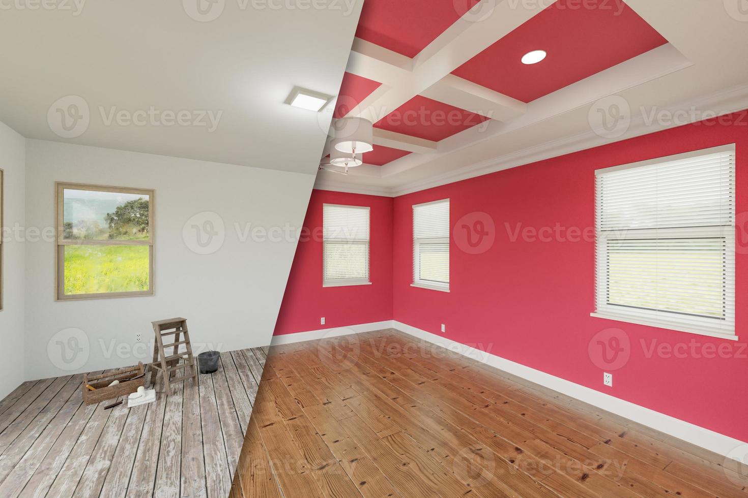 Color of The Year 2023, Viva Magenta, Before and After of Master Bedroom Showing The Unfinished and Renovation State Complete with Coffered Ceilings and Molding. photo