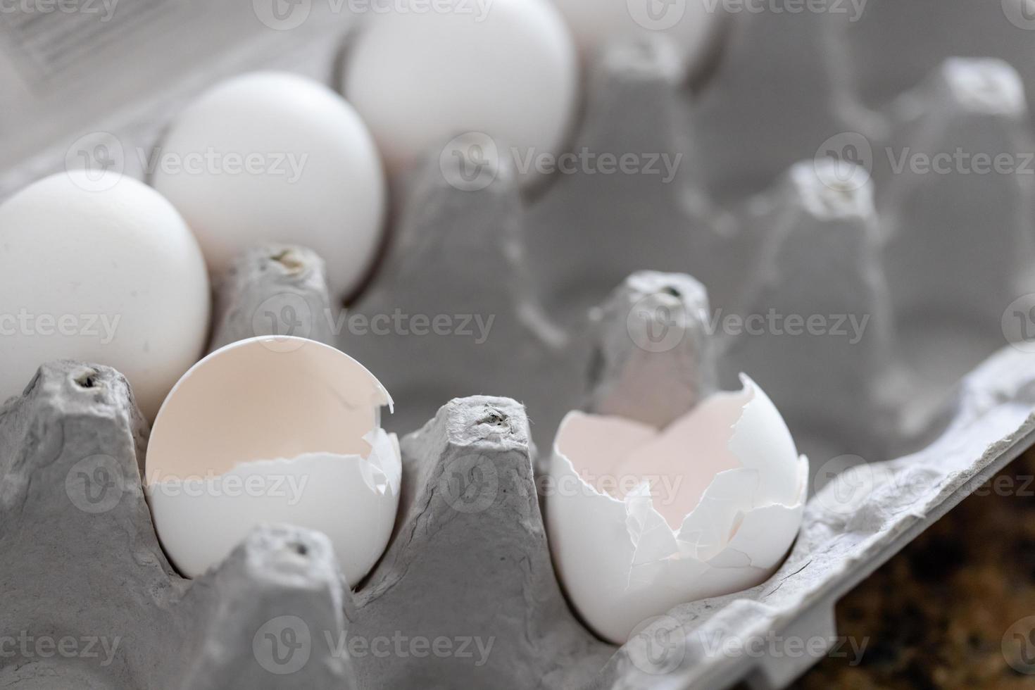 caja de cartón de blanco pollo huevos y huevo conchas foto